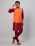Vastramay Men's Orange Matka Silk Nehru Jacket With Maroon Silk Blend Kurta Pyjama Set